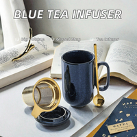 Mug à thé en céramique de porcelaine émaillée bleue avec infuseur, filtre à feuilles de thé, cuillère en métal, couvercle, grande capacité 16 oz