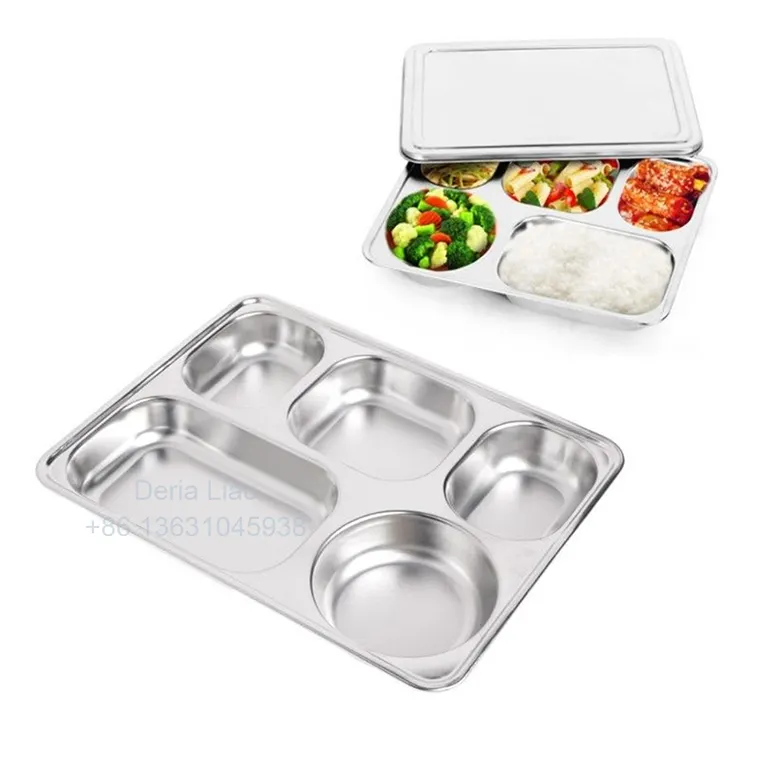 Fabriek Rvs 201 304 Materiaal 5 Compartiment Verdeeld Fast Food Lade Diner Plaat Bento Lunch Box Met Deksel