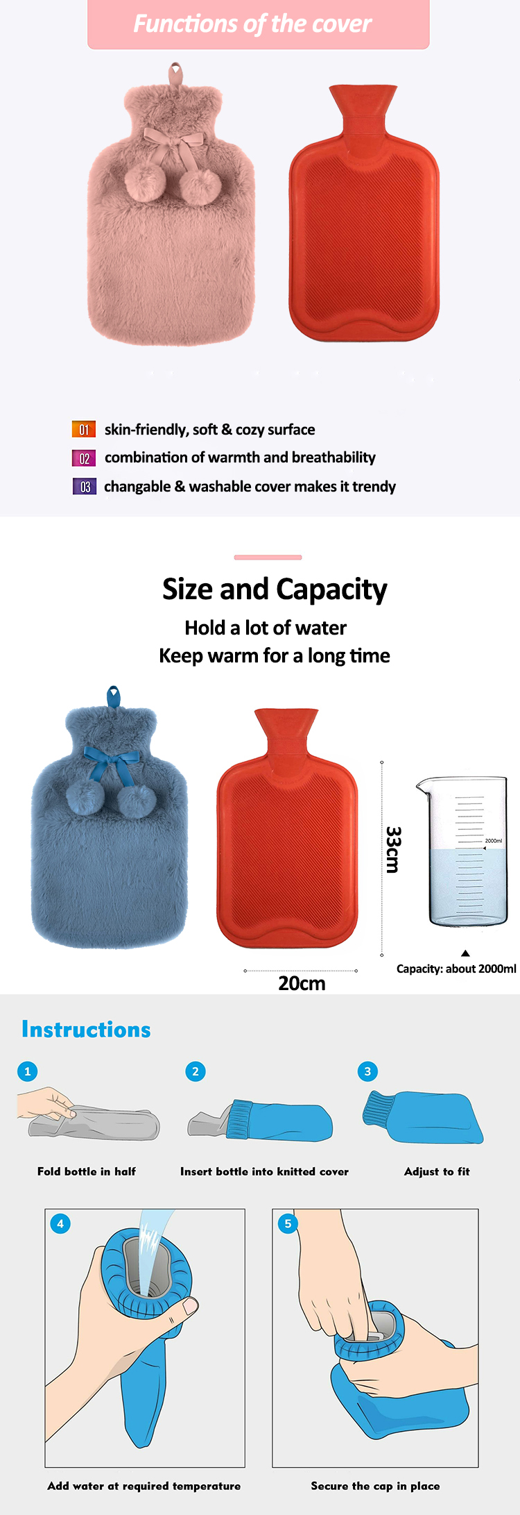 hot and cold hot water bottles rubber wholesale and colorful hot water bag fur cover