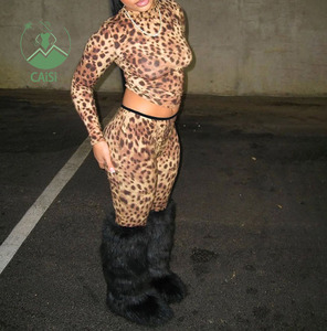 Leopar baskı 2 parça Set kadın uzun kollu giyim  üst ve Legging kadınlar için iki parçalı Set kıyafet Loungewear seti kadınlar - Product Image 1