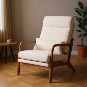 Sillón de Madera Maciza con Respaldo Alto y Tapicería de Lino, Silla Moderna para Sala de Estar con Estructura de Hierro, Color Blanco Hueso, Mueble de Interior para Ocio - Product Image 2