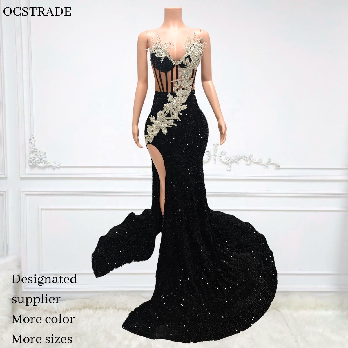 black and silver evening dresses Primavera Couture 4301 Black Silver Prom Dress Size 6 Long Sequin Slit V Neck Strapless Formal Pageant Gown