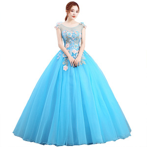 Sky Blue Ball Gown O-Neck Floral Print Chiffon Empire Waistline Long Evening Dress For Women - Product Image 5