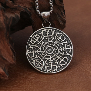 yunnique Viking Compass Stainless Steel Pendant Necklace For Men Round Design Titanium Steel <b>Chain</b> Retro Style - Product Image 1