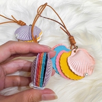 Porte-clés en cuir fait main en forme de coquille, mignon, en cuir de vachette pleine fleur, avec bouton perlé, mini pochette créative pour livres, accessoire cadeau