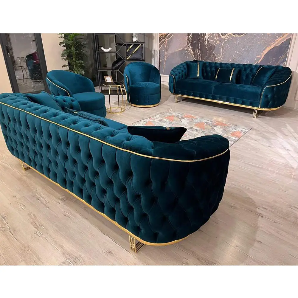 Exclusive Chesterfield Sofa Italian Furniture Velvet Button Tufted 3 2 1 Corner Sizes Bergere Pouffe Factory Price