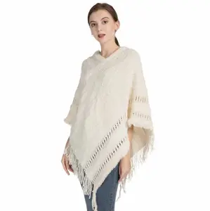 Warme Frauen offen gewebt gestrickt Acryl Winter Poncho Decke Poncho mit Fransen