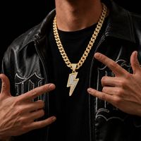 Collier pendentif éclair Hip Hop entièrement serti de pierres, en alliage, style bling, pour rappeur de rue, bijou de cou masculin, unisexe, vente en gros
