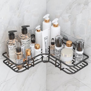 Estante de almacenamiento para baño montado en la pared, blanco y negro, sin taladro, organizador de gel de ducha con ganchos para toallas y accesorios - Product Image 2