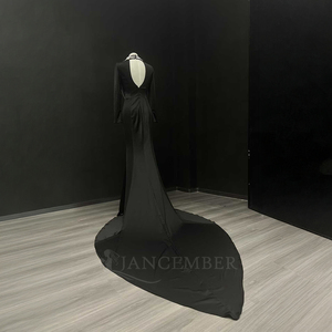 Vestido de Novia Negro sin Mangas Nt24 con Collar de Perlas y Cola Watteau, Elegante Vestido de Novia con Apliques de Chifón para Fiesta - Product Image 4