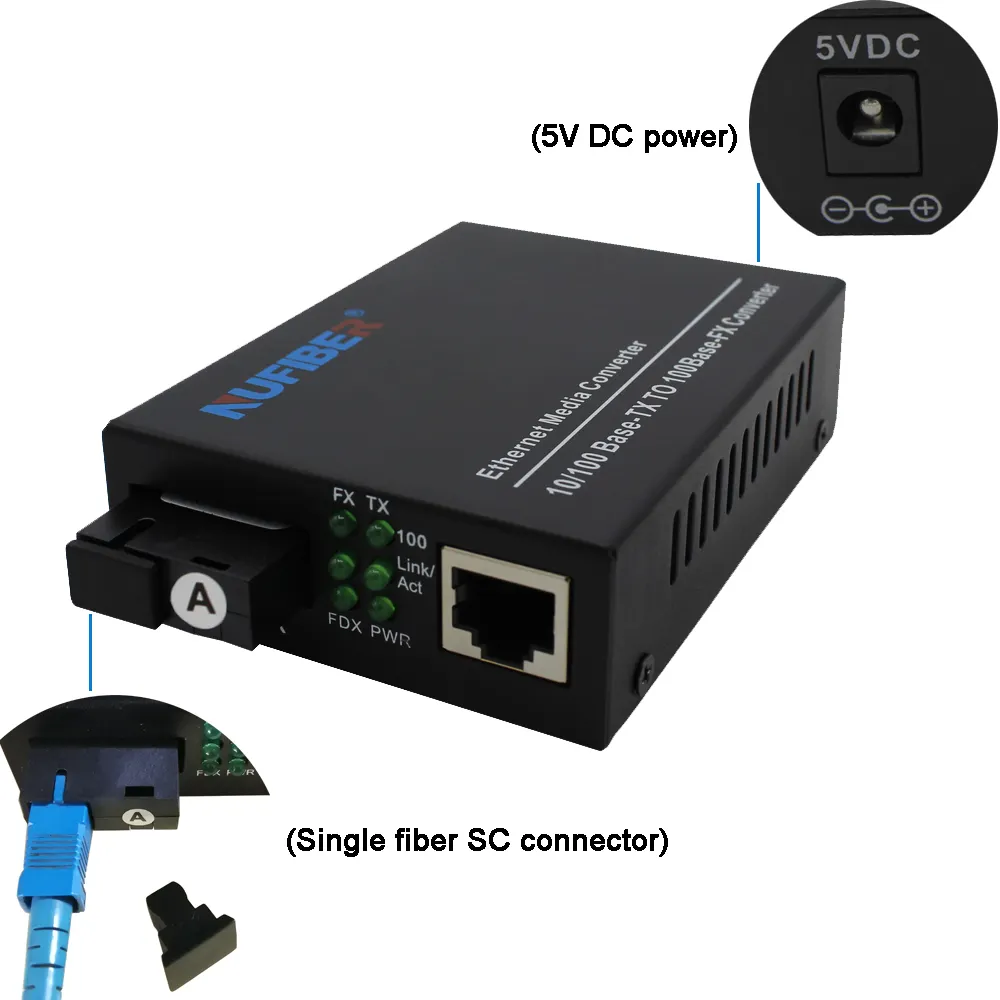 Günstige preis Faser zu ethernet media converter 100M single mode fiber 1310nm DC5V power