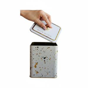 Kontensan ER0239G 1.8L Terrazzo Cream 120x120x137mm Metal Square Box with Knob Handle <b>Paper</b> <b>Boxes</b> Made in Turkey - Product Image 2