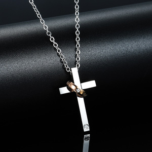 Cross Pendant <b>Necklace</b> Stainless Steel Black Rose Gold With Diamond For <b>Couple</b> Gift Daily Wear Geometric Design Bezel Setting - Product Image 3