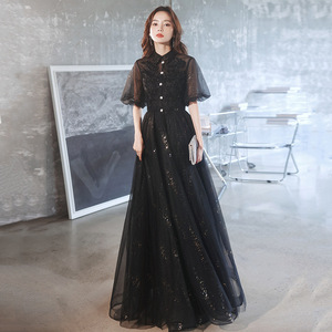 Black Evening Gown Women A-Line Chiffon Stand Neck Long Sleeve Elegant Formal Dress For Arts Exam Vocal Music Student Host - Product Image 1
