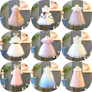 Batı çiçek kız elbise desenleri parti çocuklar için koyu mavi elbiseler düğün için zarif stil prenses elbise balo için
