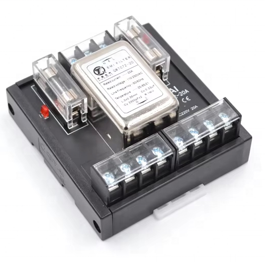 QMT072-20 EMC EMI Filter With Fuse and 8-pin 4 Out Terminal Block 220VAC 20A Single Phase Power Filter Din Rail Fixed