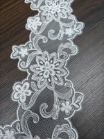 Dentelle blanche en maille tricotée brodée, bordure symétrique à motif floral en spirale, dentelle transparente à bord festonné pour robe, lingerie et accessoires de maison
