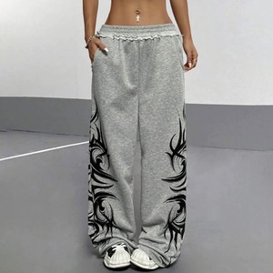 <span class=keywords><strong>Pantaloni</strong></span> Larghi da <span class=keywords><strong>Uomo</strong></span> in Cotone 100% Grigio di Alta Qualità con Stampa Fiamme, Stile Ballet - Product Image 2