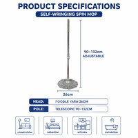 Serpillère à boucles auto-essoreuse avec manche télescopique 90-132 cm, douce pour tous les sols, absorption rapide de l'eau, mains libres, tête de serpillère Poodle