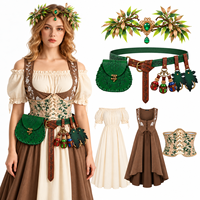 Set Kostum Peri Elf Renaisans, Gaun Peri Hutan Abad Pertengahan dengan Korset, Sabuk, Kantong, Hiasan Kepala Daun, Pakaian Cosplay Halloween