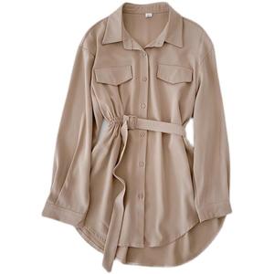 Blus Wanita Musim Gugur Semi Panjang Model Tunik Kerah Lipat Vintage Lengan Panjang Aksen Tali Kemeja Kasual Wanita - Product Image 1