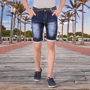Pantalones cortos de mezclilla vintage para hombre, de verano, con lavado especial, de algodón, extragrandes, hasta la rodilla, con cintura elástica, estampados, tejidos, de cintura media, desgastados, color hueso. - Product Image 3