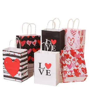 Customized LOVE Printed Valentines Day Paper Gift Bag Packaging Handle Bags Kraft Paper Packing Bags For Sweet Gift