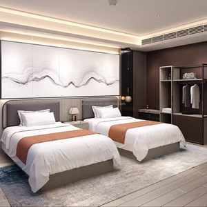 Lits jumeaux en bois clair à prix abordable avec tête de lit rembourrée en tissu, cadre en MDF durable pour appartements, complexes hôteliers et chambres d'hôtes de motels - Product Image 6
