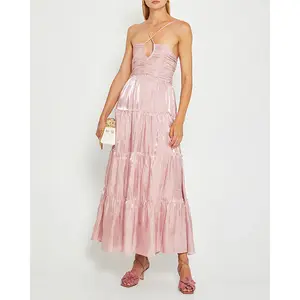 Nouveau design d'été à lacets sur la poitrine avec ceinture plissée et plusieurs couches de robe décontractée rose romantique style long