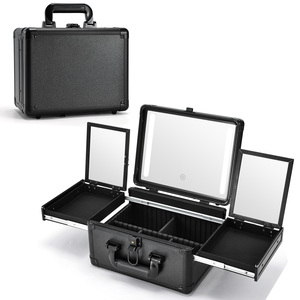 Travel <b>Makeup</b> Train <b>Case</b> with LED Lighted Mirror Large Portable Cosmetic Artist Organizer Box with 2 Trays Adjustable Dividers - Product Image 1