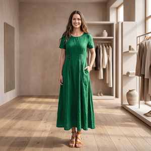 Vestido Midi de Lino Orgánico Vintage, Transpirable, de Manga Corta, Corte en A, con Detalle de Lazo, Liso, Teñido, para Todas las Temporadas, Precio al por Mayor para Mujer - Product Image 3