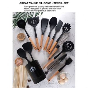 Kaimi – Ensemble d'ustensiles de cuisine 13 pièces en 1 avec manche en bois, antiadhésif, couteau de chef, ustensiles de cuisson en silicone et support de rangement - Product Image 4