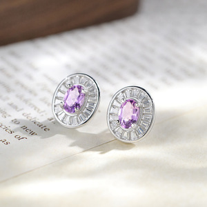 9 Geometric Halo Set 4*6mm Oval Cut Amethyst Stud <b>Earrings</b> Bezel 925 Sterling Silver Natural Stone Non Tarnish Jewelry - Product Image 5