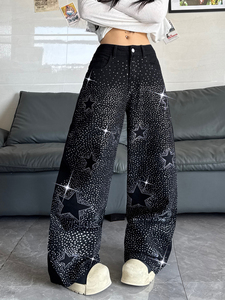 Jeans en denim à <span class=keywords><strong>taille</strong></span> <span class=keywords><strong>haute</strong></span> et jambes larges pour femmes, <span class=keywords><strong>coupe</strong></span> ample avec embellissement papillon en cristal - Product Image 6
