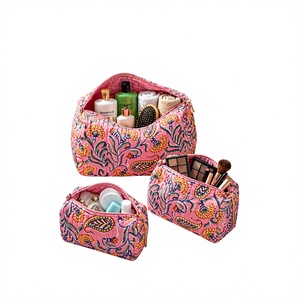 Ensemble de 3 trousses de maquillage matelassées en coton patchwork, sacs de voyage, motif lettres, style vintage, fermeture éclair, grande capacité, portables - Product Image 1