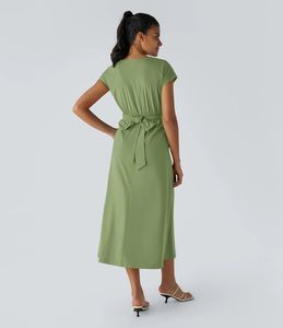 Robe midi décontractée unie à col en V et manches courtes avec poches, séchage rapide, pour <span class=keywords><strong>femme</strong></span> - Vente en gros - Product Image 4