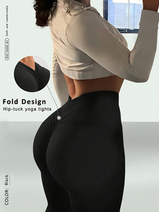 High Waist Ruched Butt Scrunch Ankle-Length Solid Black Yoga Training <b>Pants</b> Elastic Waist <b>Spandex</b>/Polyester XS - Product Image 5