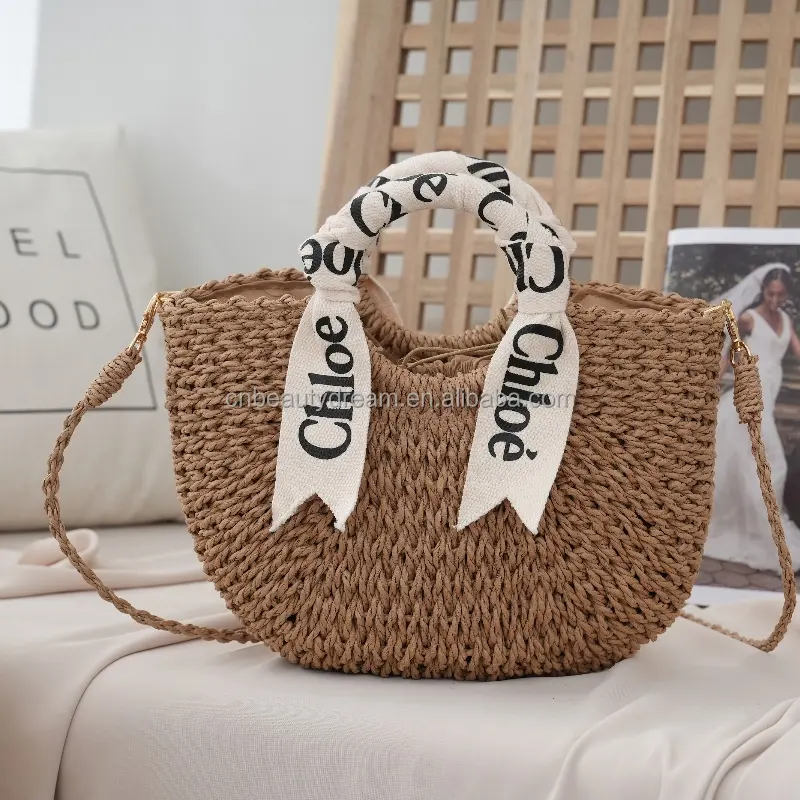 Sacola de palha tecida feminina personalizada de grande capacidade feita à mão verão praia marrom bolsas femininas de três peças de algodão bolsa OEM