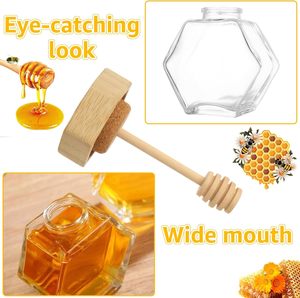 150ml-500ml Empty Transparent Hexagonal Glass Jars for <b>Jelly</b> and Milk with Wooden Spoon and Bamboo Cork - Product Image 3