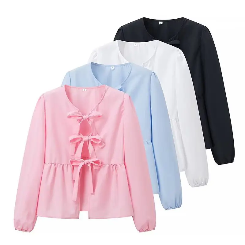 ZATRHMBM Women 2024 Summer Fashion Bowknot Long Sleeve Lapel Shirt Vintage Elegant Casual Ladies Shirt