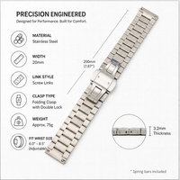 Bracelet de montre en acier inoxydable avec fermoir papillon, 20 mm, argenté, bracelet de remplacement en métal, maillons à vis, pour hommes
