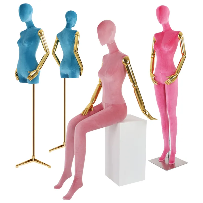 Luxury Fiberglass Lady Mannequin Display Clothing Women Dress Form Velvet Full Body Female Mannequin with Gold Flexible Arm