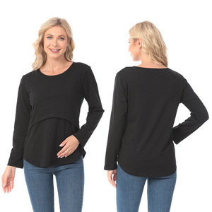 Haut d'allaitement pour femme enceinte à manches longues, double couche, col rond, en jersey doux, vêtements décontractés de <span class=keywords><strong>grossesse</strong></span>, vert - Product Image 2