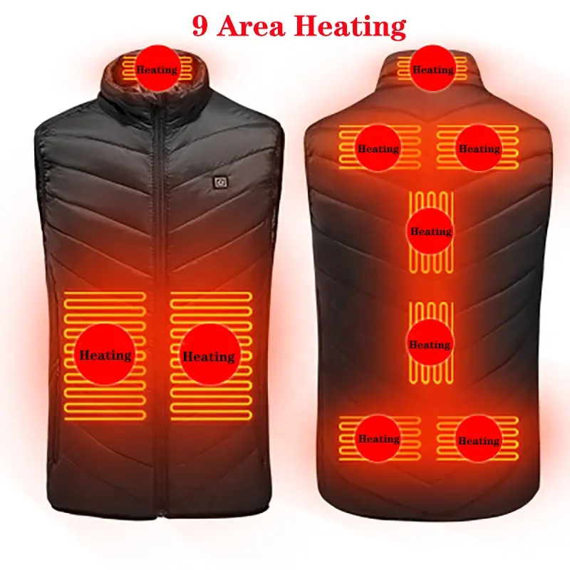 Chaqueta de calor USB de 9 zonas para hombre, chaleco caliente alimentado por batería de 5V para exteriores