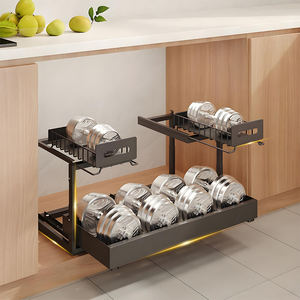 Évier de cuisine écologique moderne avec étagère coulissante à 2 niveaux, finition laquée, armoire de rangement en métal avec égouttoir réglable - Product Image 5