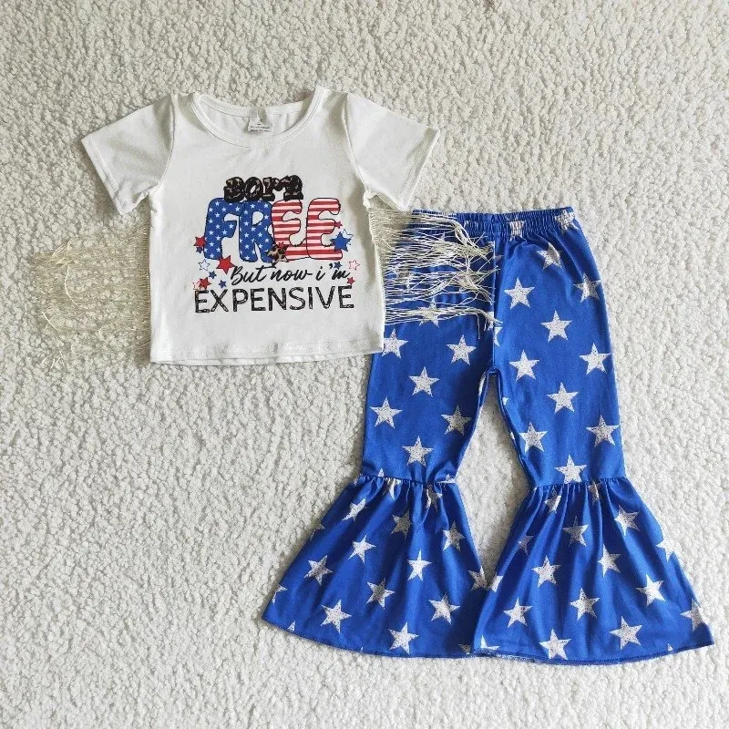 Wholesale Fashion July 4th White Letter Shirt Tassel Blue Star Bell Pants Set Children Baby Girl Boutique Outfit Kids Clothes