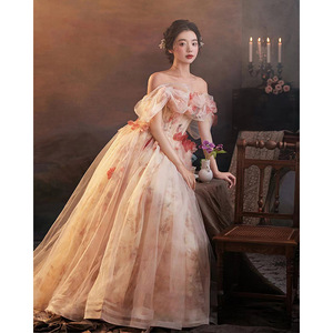 Off The Shoulder Floral Chiffon Ball <b>Gown</b> Dress Empire Waistline For <b>Brides</b> And Formal Events - Product Image 2