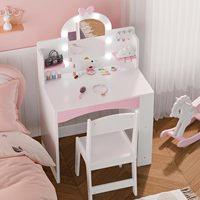 Table de maquillage et chaise pour enfants avec miroir lumineux, bureau de coiffure pour tout-petits avec étagère ouverte, mobilier de chambre mignon