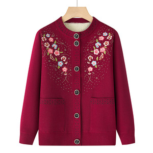 Ropa de <span class=keywords><strong>abuelas</strong></span> para mujer, suéter de cuello redondo con bordado Floral y punto grueso acolchado de invierno para mamá, cárdigan de otoño - Product Image 3