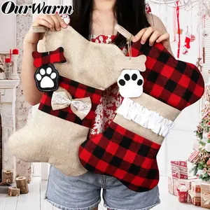 Ourwarm Custom Dier Hond Huisdier Bone Jute Buffalo Plaid Sok Kerstsok Voor Kerstversiering